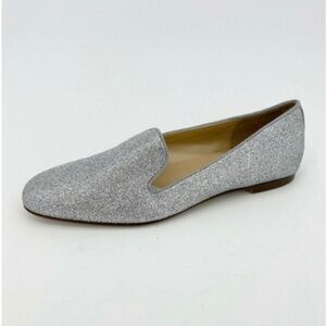 J.Crew Cotton Glitter Smoking Slippers Silver Loafers Slip On Flat Heel Size 6